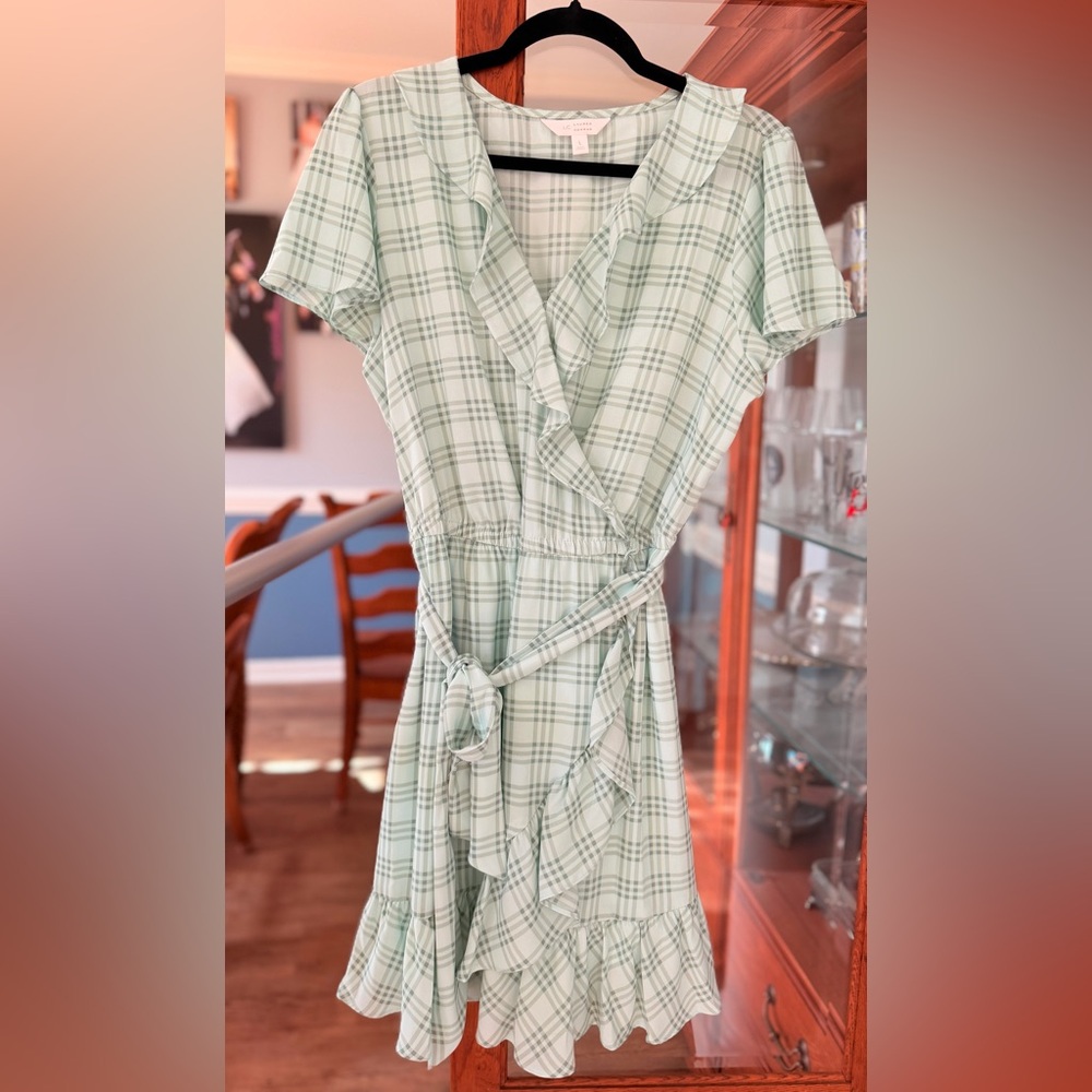 LC Lauren Conrad Mint Green Plaid Wrap Midi Dress